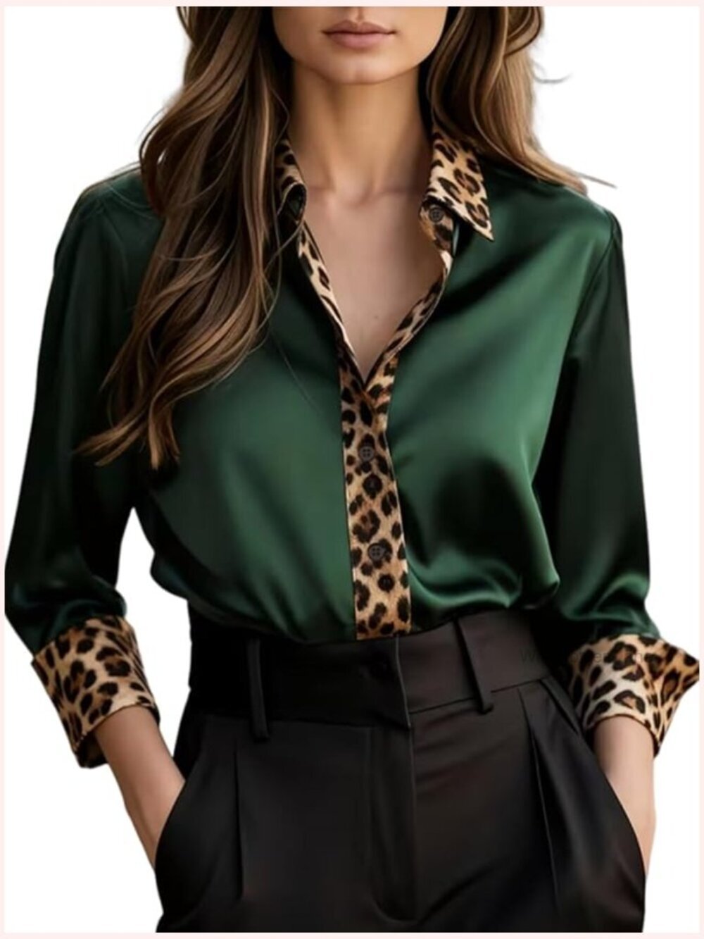 Leopard Satin Button Down Blouse Long Sleeve